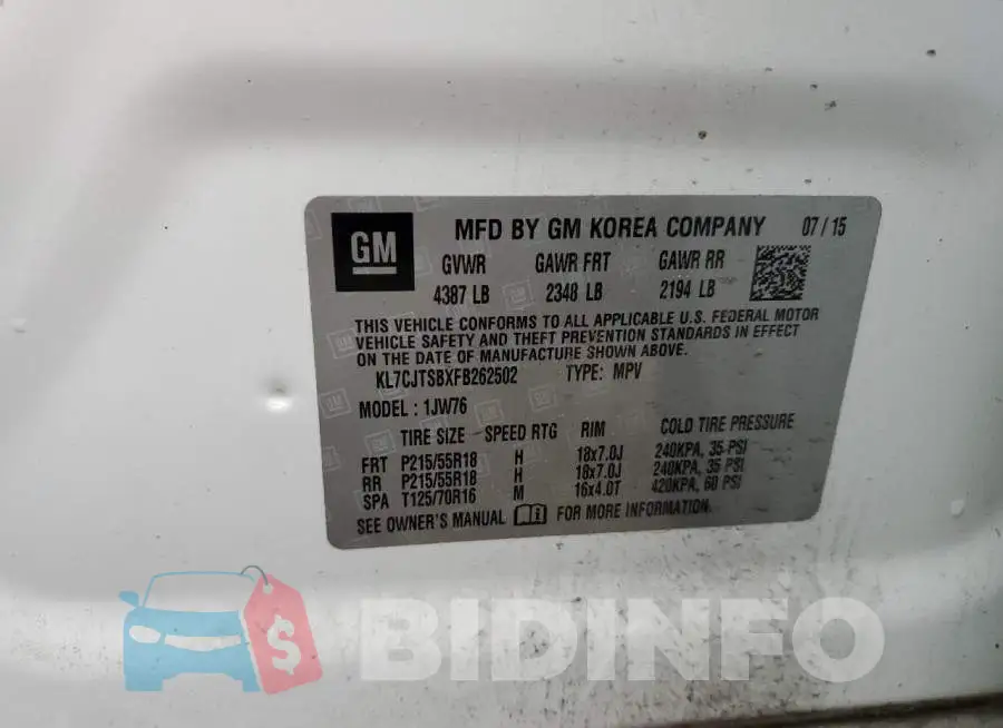 KL7CJTSBXFB262502 Photo# 14