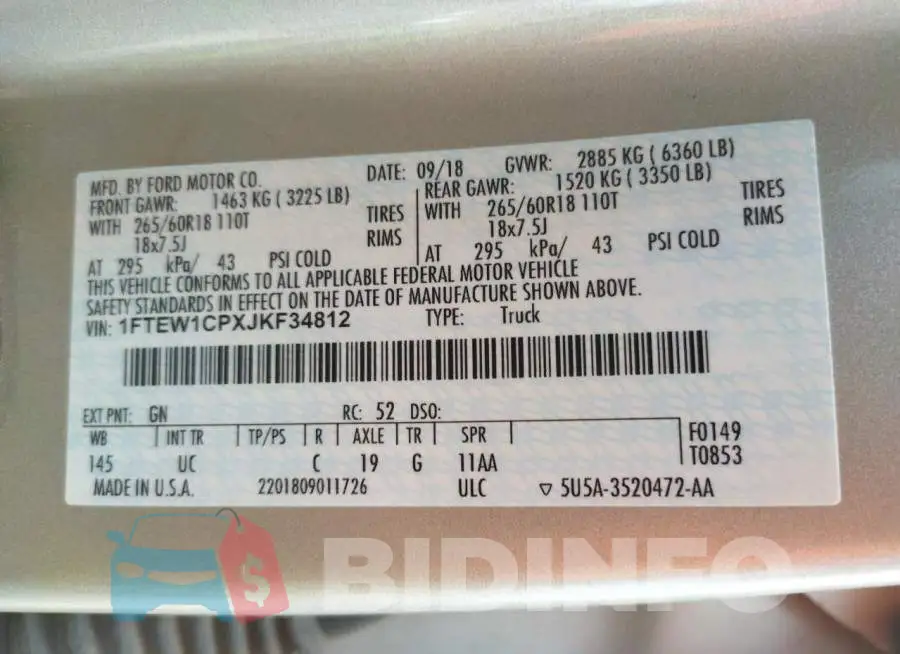 1FTEW1CPXJKF34812 Photo# 12