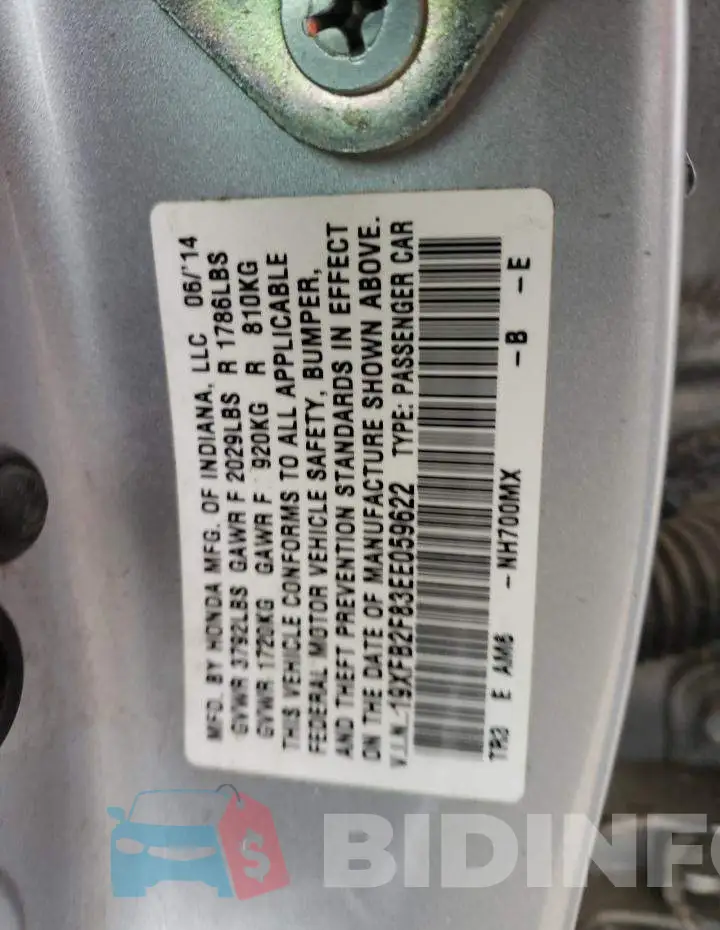19XFB2F83EE059622 Photo# 12