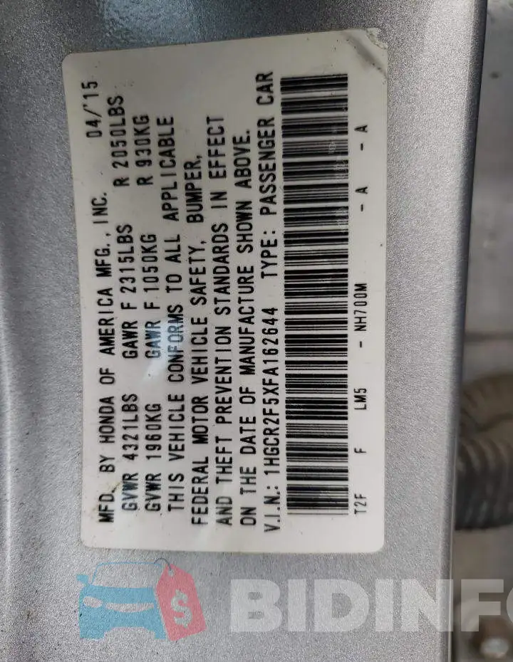1HGCR2F5XFA162644 Photo# 12