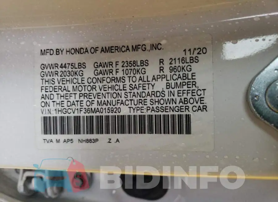 1HGCV1F36MA015920 Photo# 12