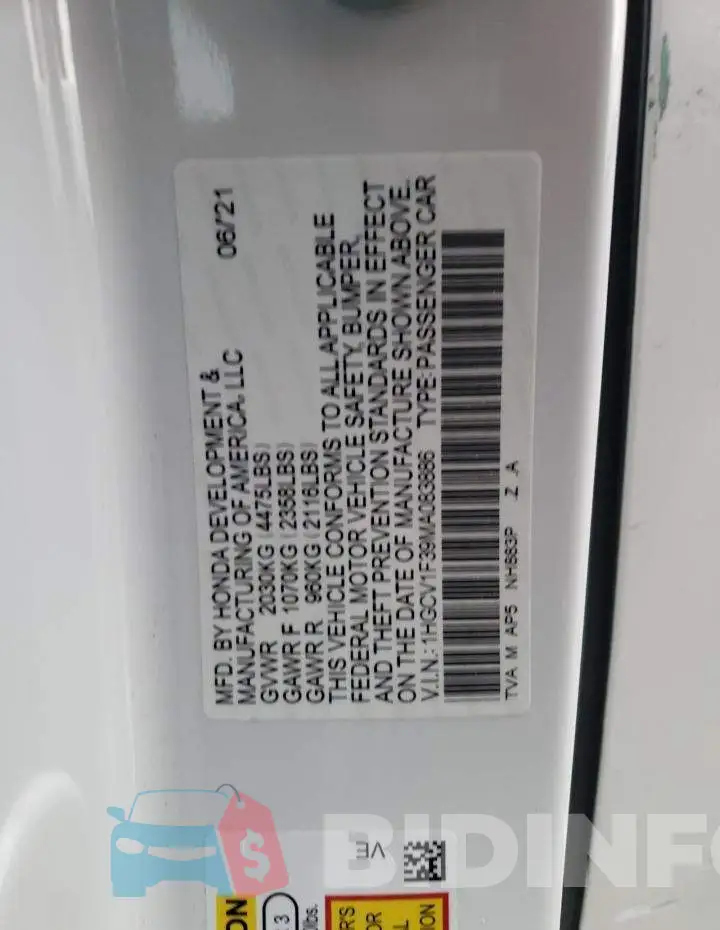 1HGCV1F39MA083886 Photo# 12
