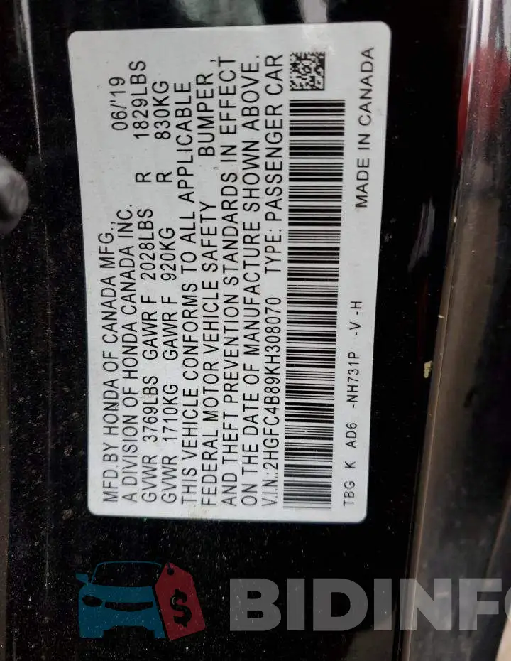 2HGFC4B89KH308070 Photo# 13