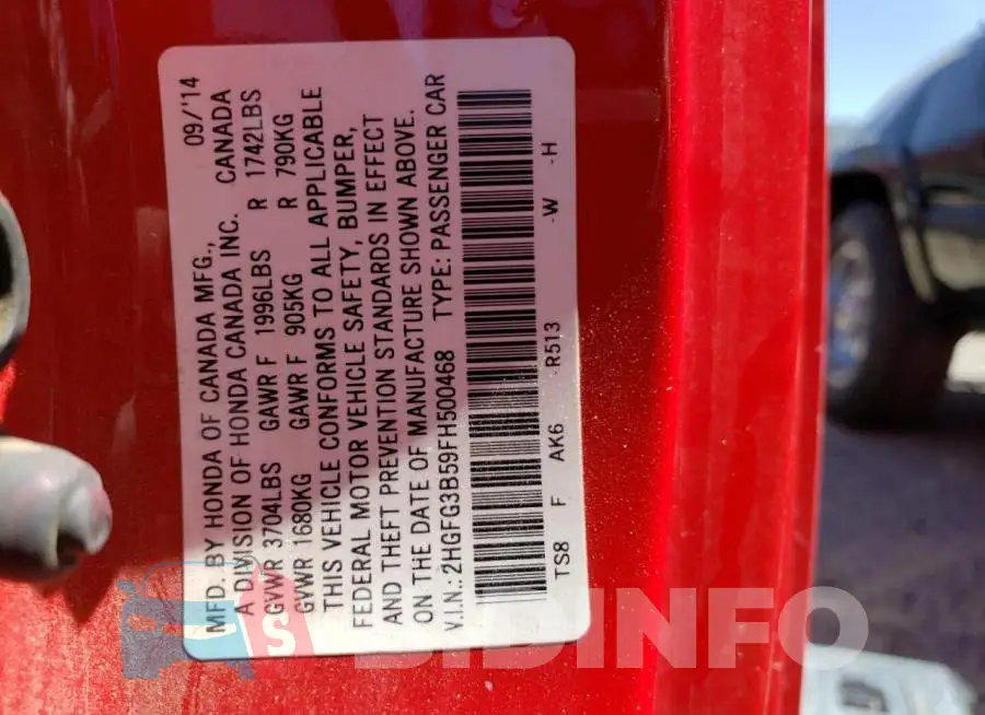 2HGFG3B59FH500468 Photo# 12