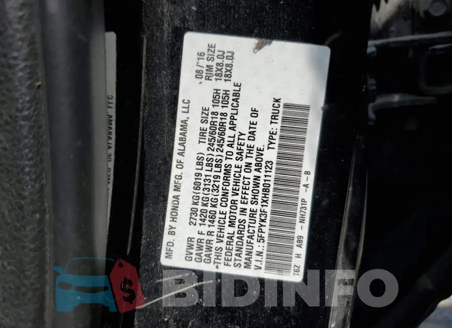 5FPYK3F1XHB011123 Photo# 12