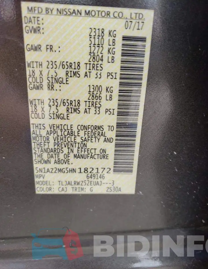 5N1AZ2MG5HN182172 Photo# 13