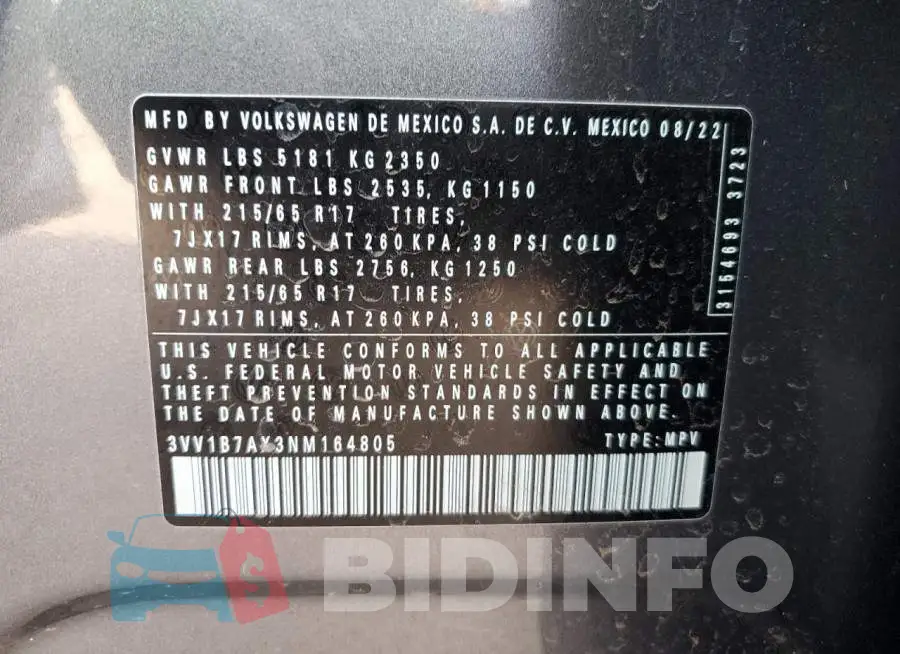 3VV1B7AX3NM164805 Photo# 13