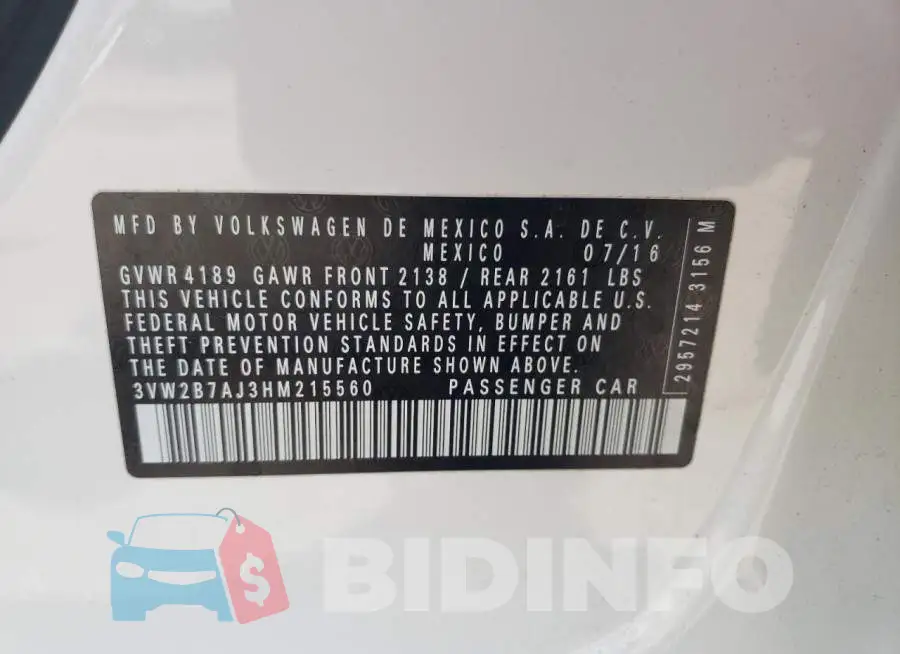 3VW2B7AJ3HM215560 Photo# 12