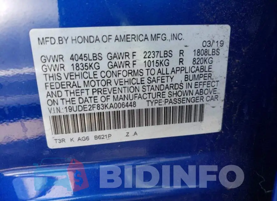 19UDE2F83KA006448 Photo# 13
