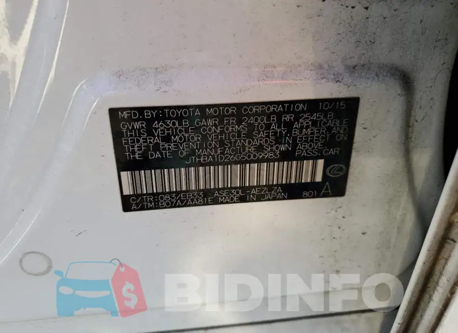 JTHBA1D26G5009983 Photo# 12