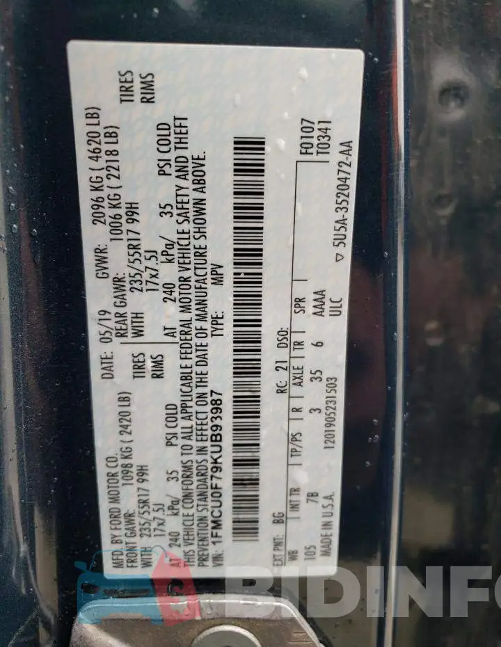 1FMCU0F79KUB93987 Photo# 13