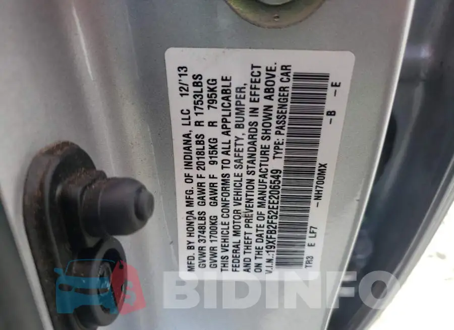 19XFB2F52EE206549 Photo# 12