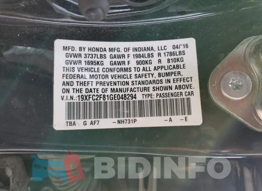 19XFC2F81GE048294 Photo# 12