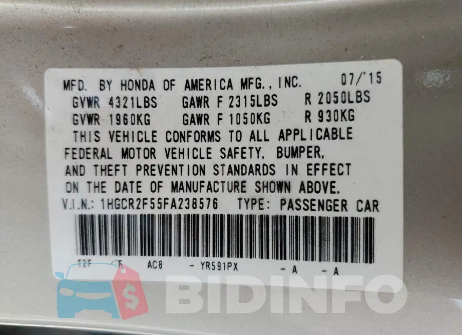 1HGCR2F55FA238576 Photo# 12