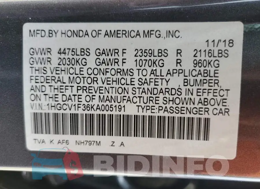 1HGCV1F36KA005191 Photo# 12