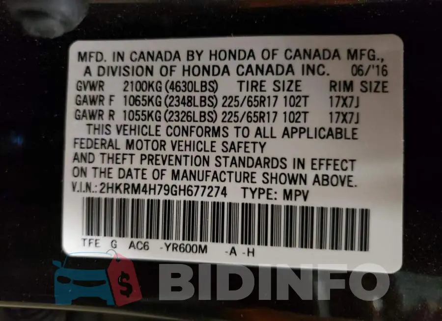 2HKRM4H79GH677274 Photo# 12