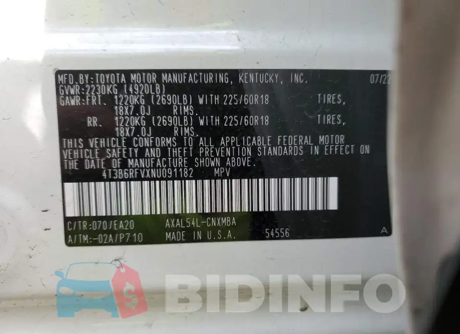 4T3B6RFVXNU091182 Photo# 12