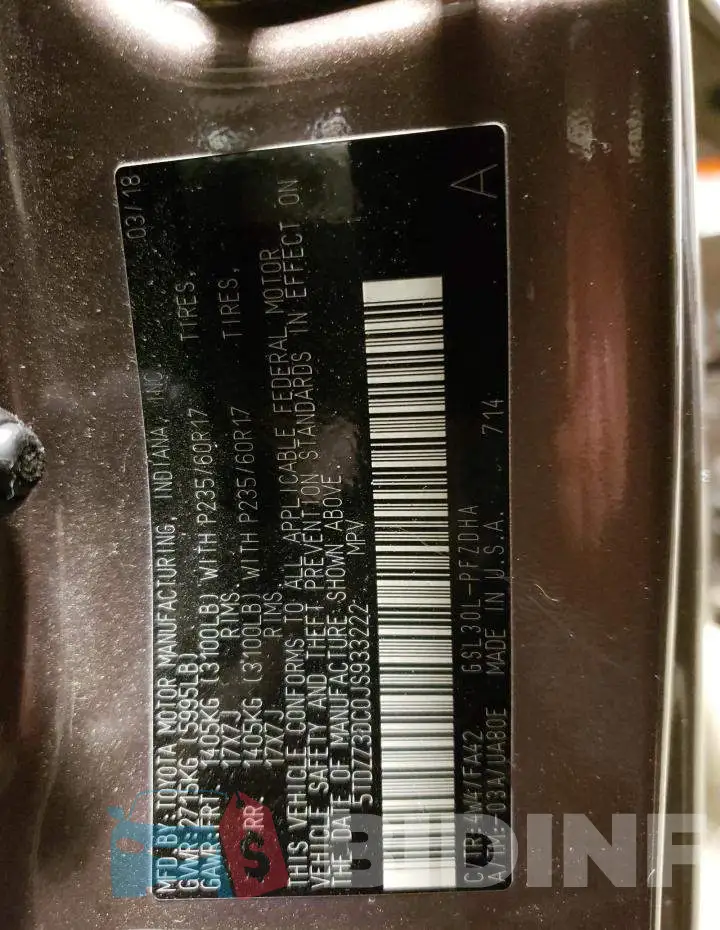 5TDZZ3DC0JS933222 Photo# 13
