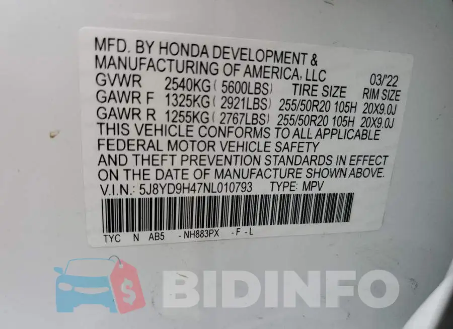 5J8YD9H47NL010793 Photo# 13
