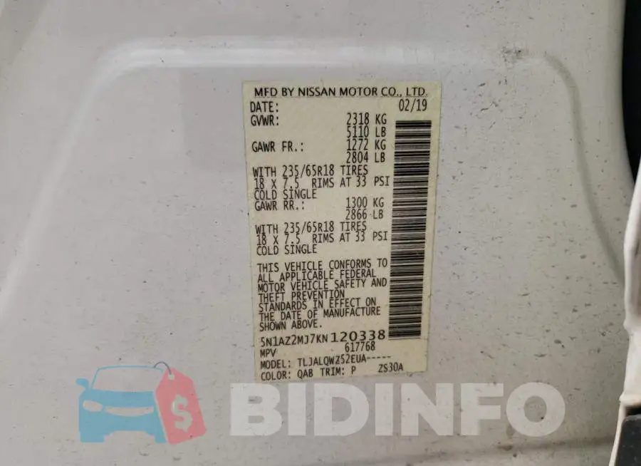 5N1AZ2MJ7KN120338 Photo# 13