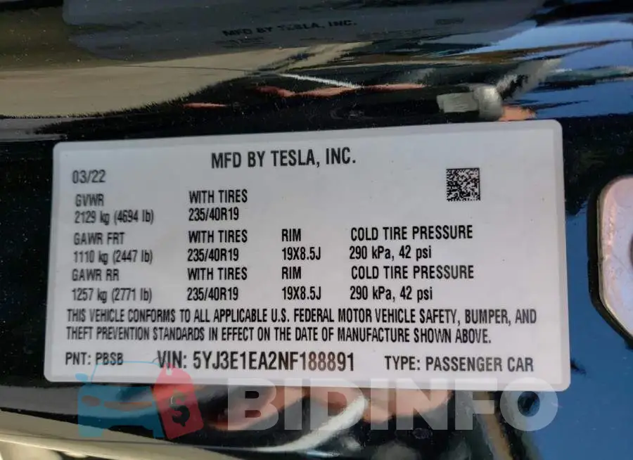 5YJ3E1EA2NF188891 Photo# 12