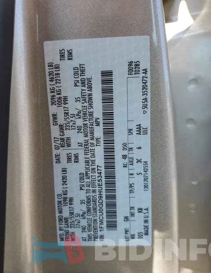 1FMCU0GD9HUE53477 Photo# 12