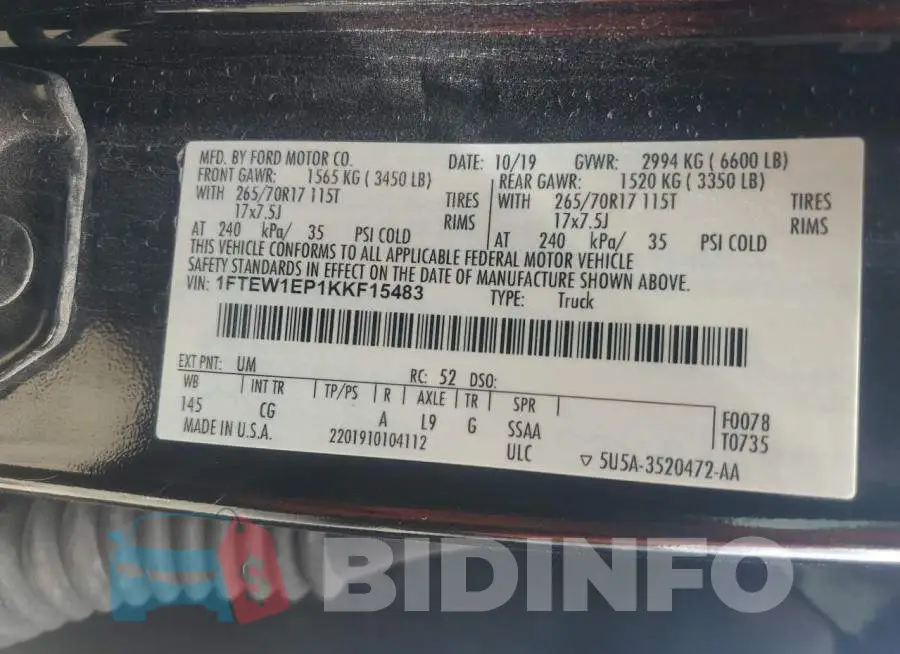 1FTEW1EP1KKF15483 Photo# 12