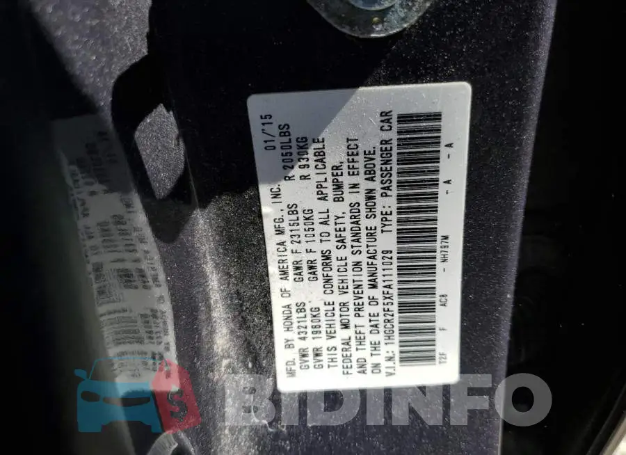 1HGCR2F5XFA111029 Photo# 12