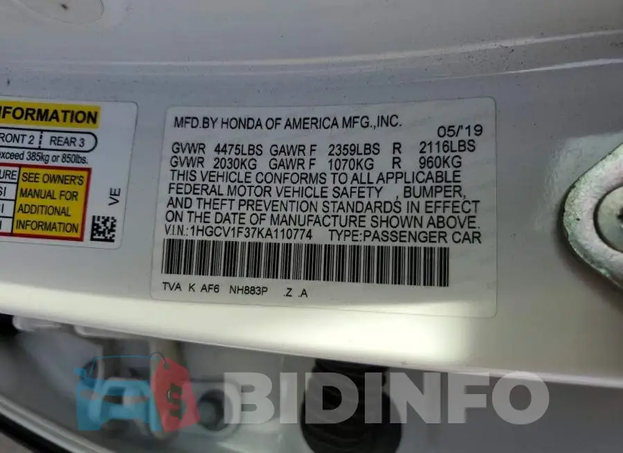 1HGCV1F37KA110774 Photo# 13