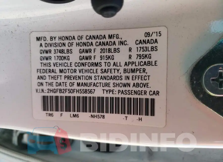 2HGFB2F50FH558567 Photo# 12
