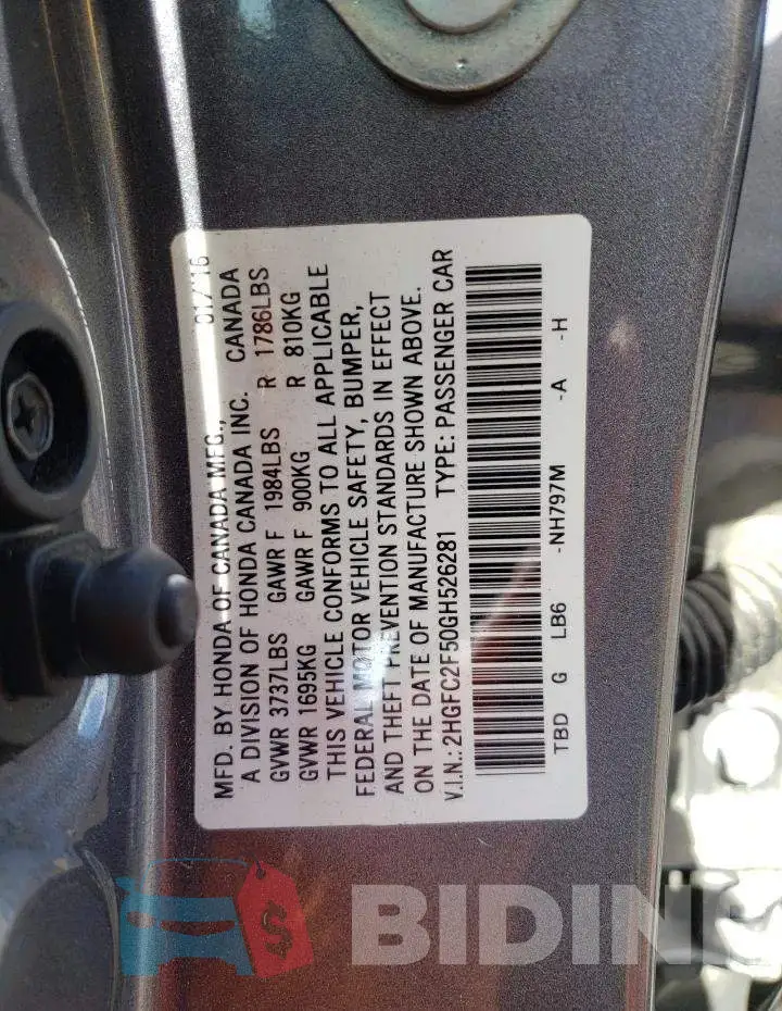 2HGFC2F50GH526281 Photo# 13