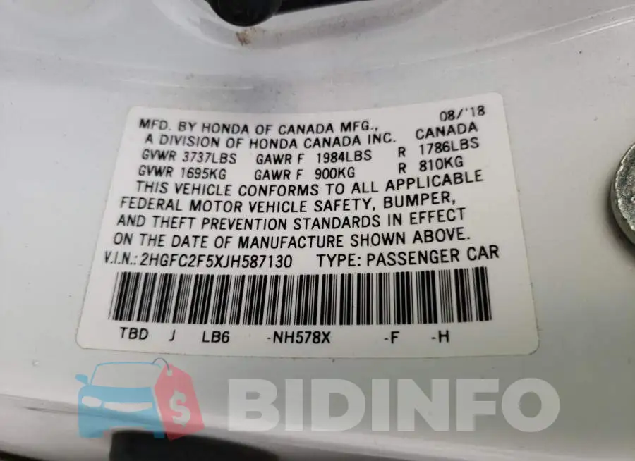 2HGFC2F5XJH587130 Photo# 12