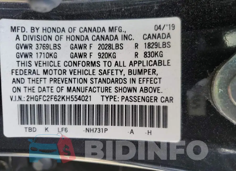 2HGFC2F62KH554021 Photo# 12