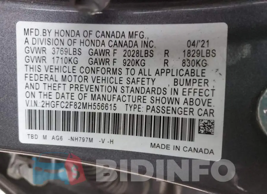 2HGFC2F82MH556615 Photo# 12