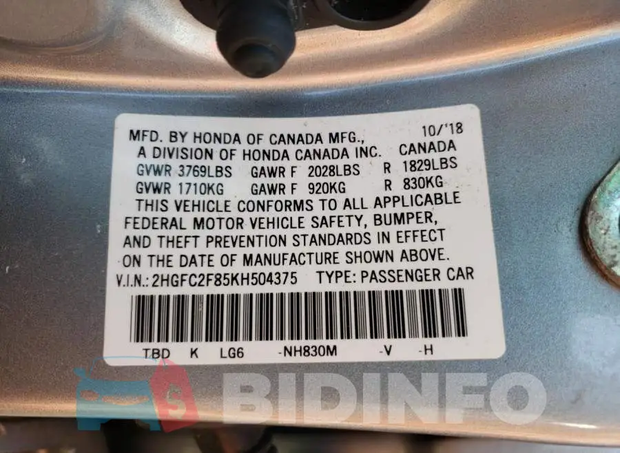 2HGFC2F85KH504375 Photo# 10