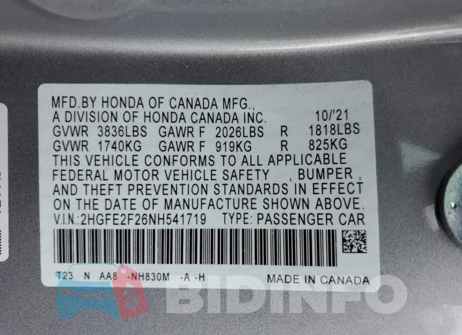 2HGFE2F26NH541719 Photo# 12