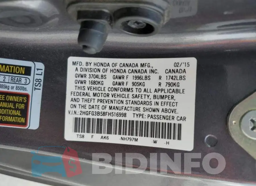 2HGFG3B58FH516998 Photo# 12