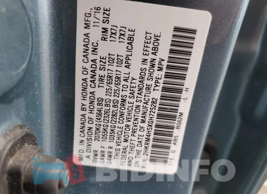 2HKRM4H5XGH725282 Photo# 13