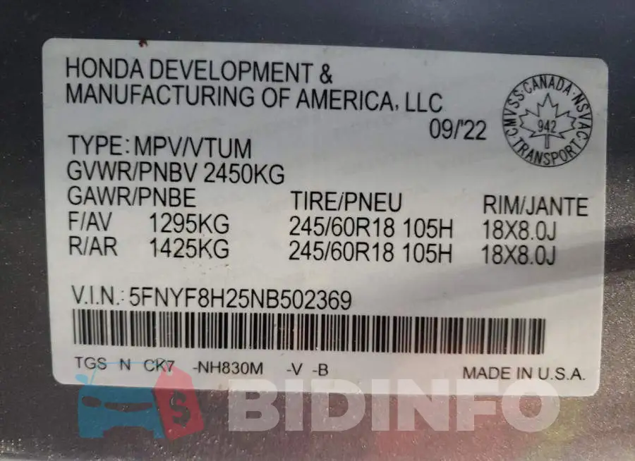 5FNYF8H25NB502369 Photo# 13