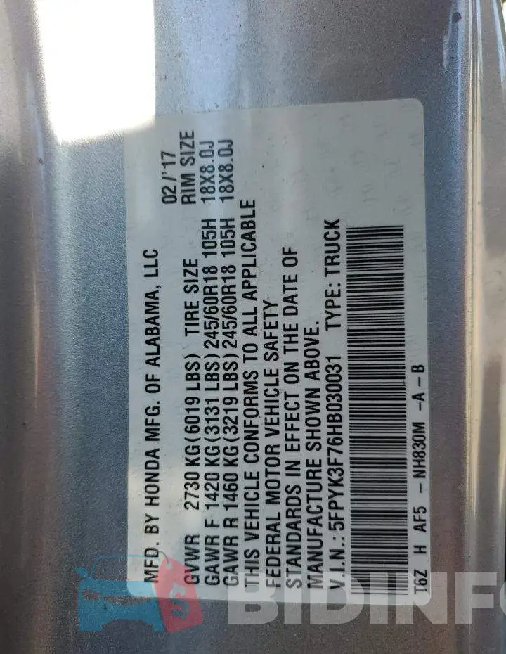 5FPYK3F76HB030031 Photo# 10