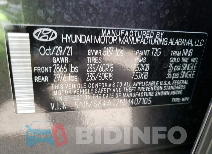 5NMS64AJ2NH407105 Photo# 13