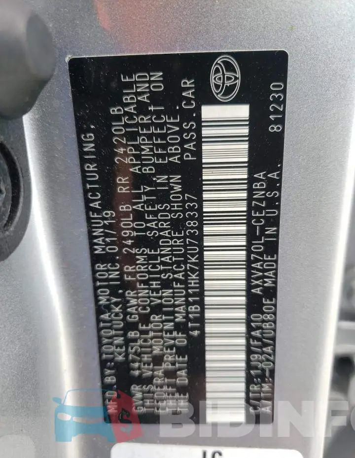 4T1B11HK7KU738337 Photo# 10