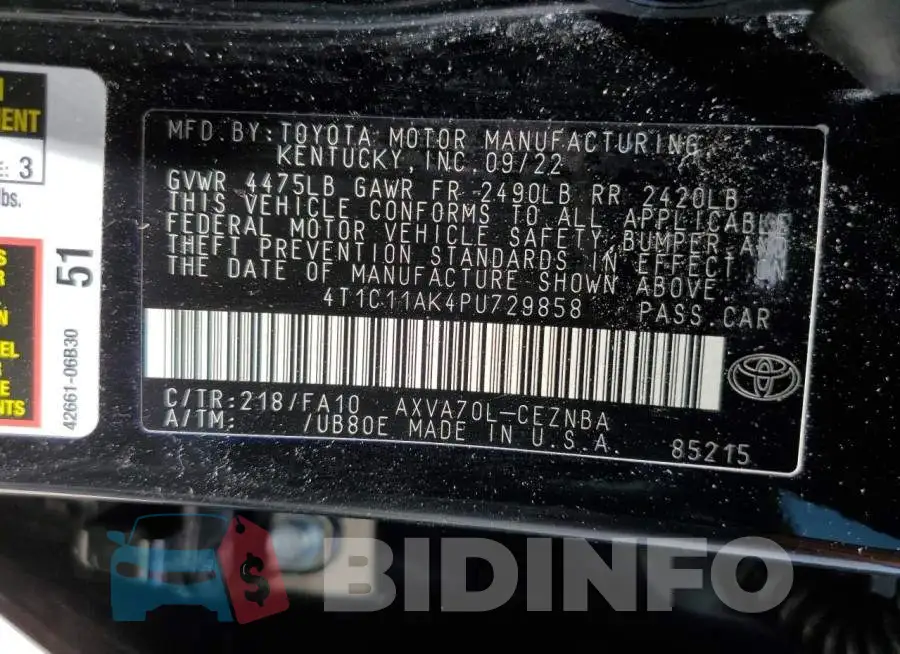 4T1C11AK4PU729858 Photo# 12