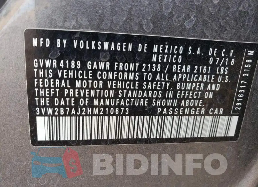 3VW2B7AJ2HM210673 Photo# 12