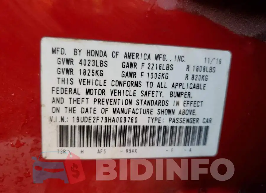 19UDE2F79HA009760 Photo# 13