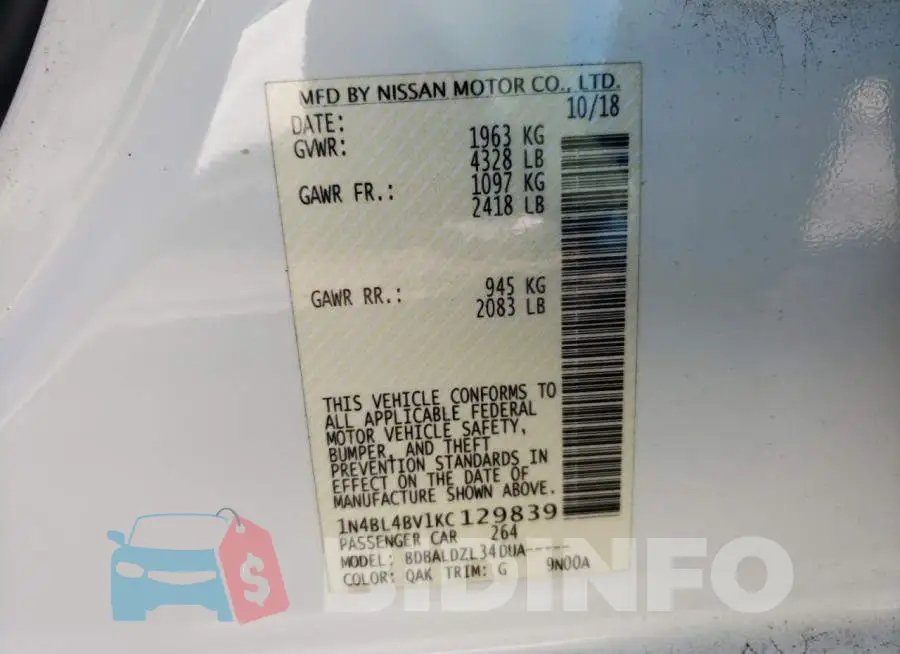 1N4BL4BV1KC129839 Photo# 12