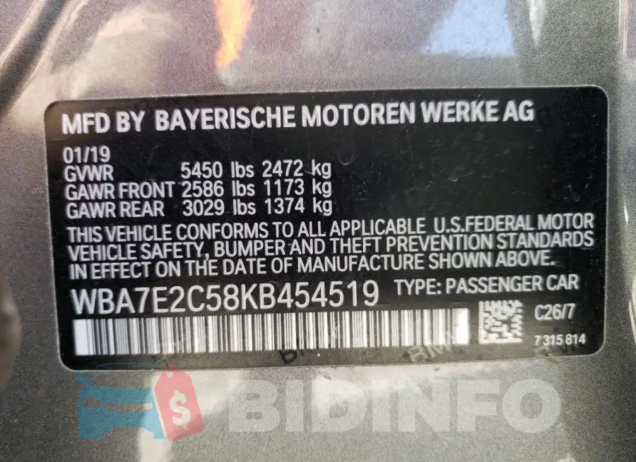 WBA7E2C58KB454519 Photo# 12