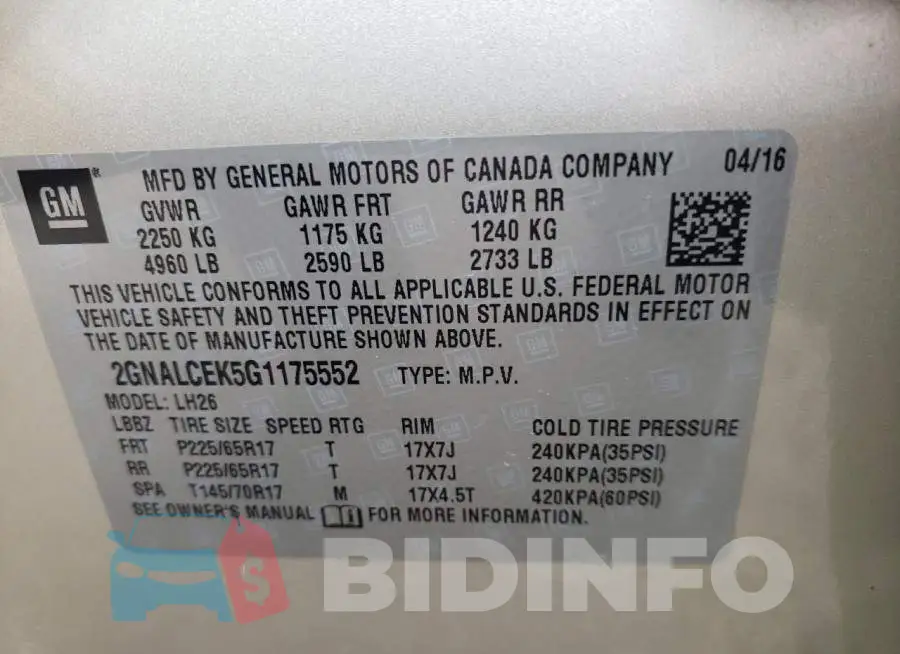 2GNALCEK5G1175552 Photo# 14