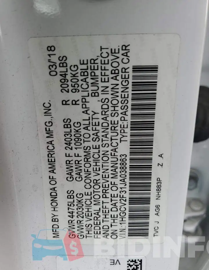 1HGCV2F31JA038863 Photo# 12