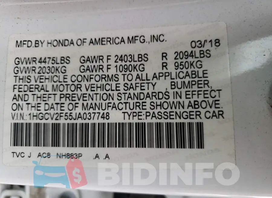1HGCV2F55JA037748 Photo# 12
